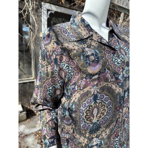 90s Emblem 100% Silk Shirt Button Up Mixed Print Sz M - Picture 9 of 11